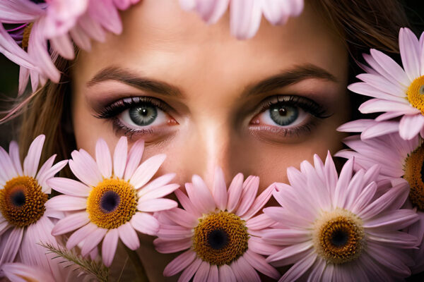 photo montrant les yeux d'une jeune femme dont le visage est masquée par des marguerites roses nous invitant à développer notre intuition.